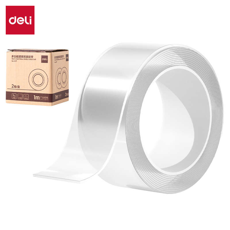 得力JL527多功能透明雙面膠帶1m*30mm*2mm(透明)(2卷/盒)