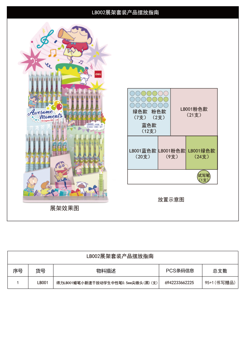 得力LB002蠟筆小新速干按動學生中性筆展架套裝(黑)(96支/架)