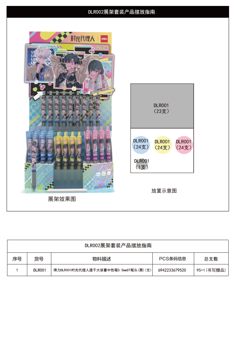 得力DLR002時光代理人大容量按動中性筆展架套裝0.5mmST頭(96支/架）